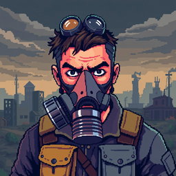 Pixel art of a man wearing a gas mask, featuring detailed pixelated textures that highlight the gas mask's features and the rugged characteristics of the man