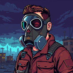 Pixel art of a man wearing a gas mask, featuring detailed pixelated textures that highlight the gas mask's features and the rugged characteristics of the man