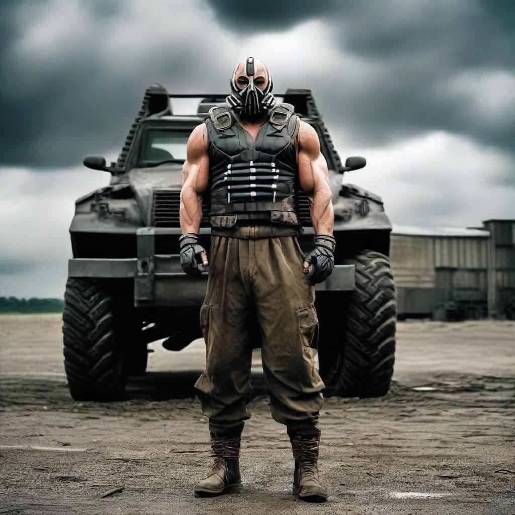 Bane, from the Dark Knight Rises movie, standing next to a menacing, armored vehicle under an overcast sky. He's wearing his signature mask and vest, ready to go mobile.