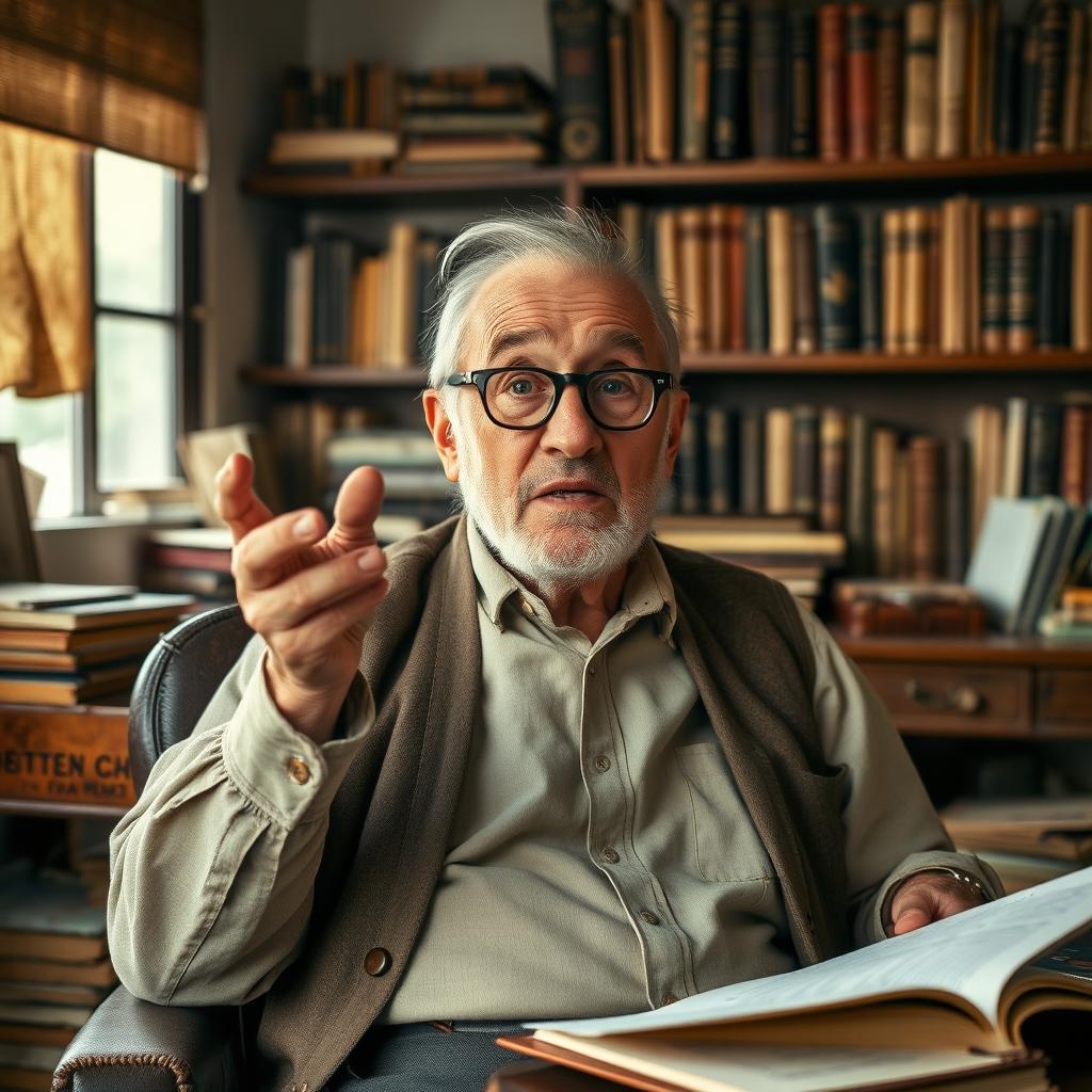 An elderly thin man explaining his job, dressed in vintage clothing, sitting in a cozy study filled with books and papers