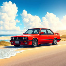 An anime movie style illustration of a 1989 BMW E30 in a vibrant red color, parked on the side of a scenic road