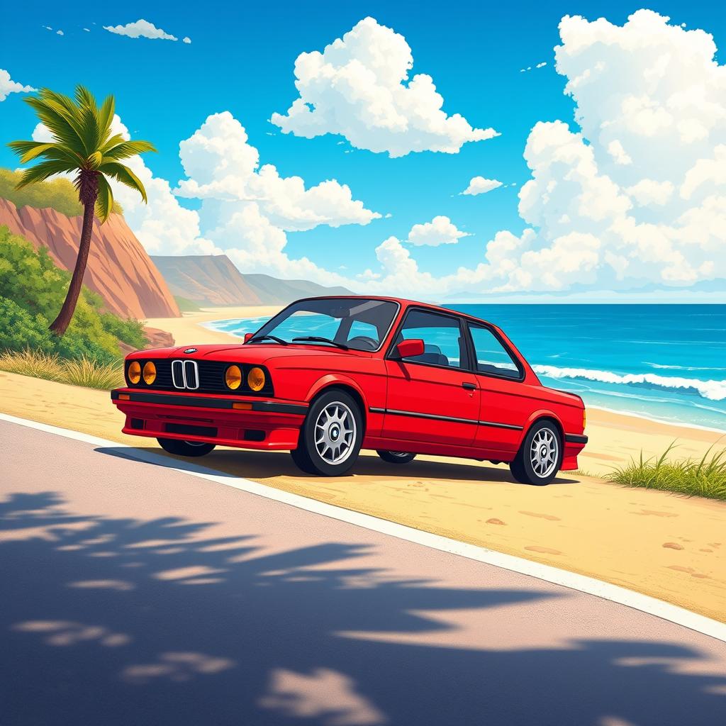 An anime movie style illustration of a 1989 BMW E30 in a vibrant red color, parked on the side of a scenic road