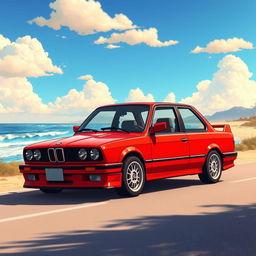 An anime movie style illustration of a 1989 BMW E30 in a vibrant red color, parked on the side of a scenic road