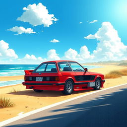 An anime movie style illustration of a 1989 BMW E30 in a vibrant red color, parked on the side of a scenic road