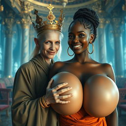 In an opulent palace reflecting Norse mythology, a very short and emaciated 20-year-old blonde woman with extremely fair skin and striking blue eyes is prominently featured