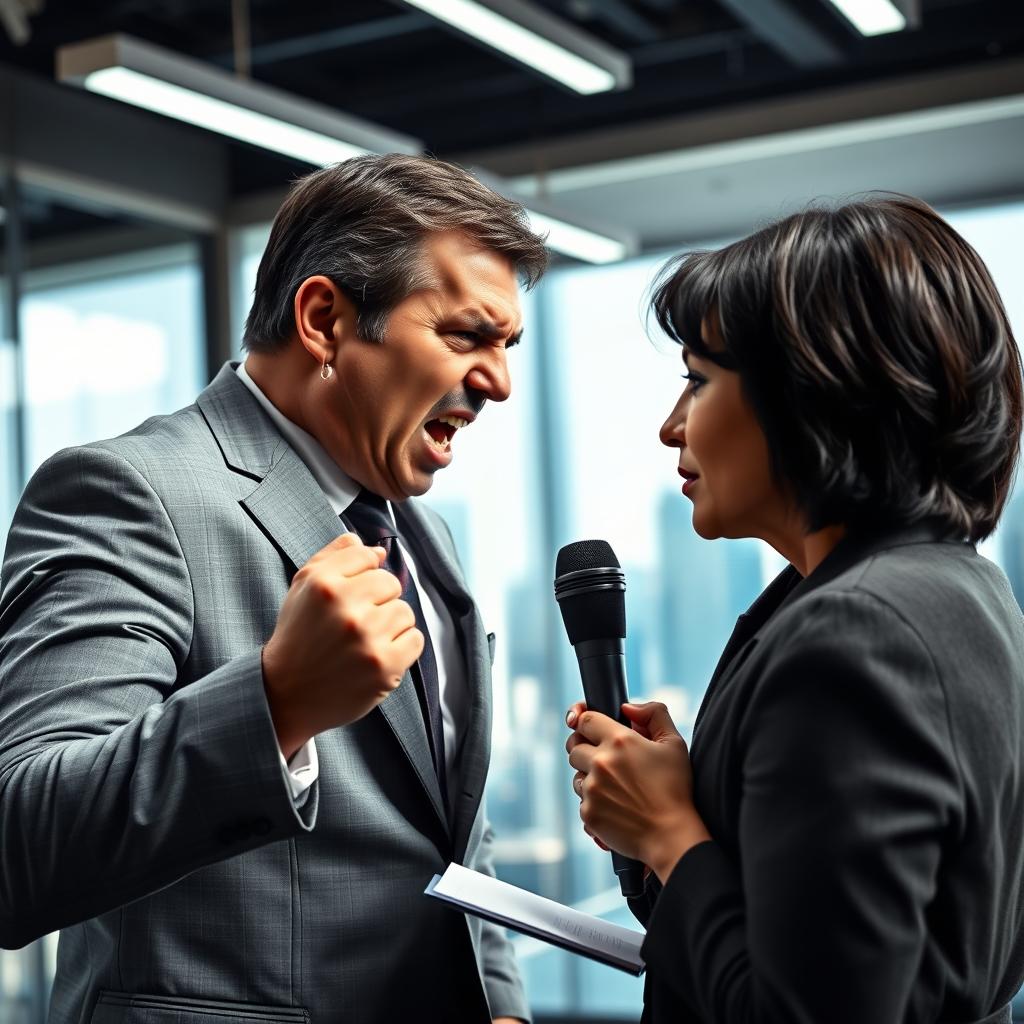 A furious man wearing a gray suit intensely interviewing a journalist