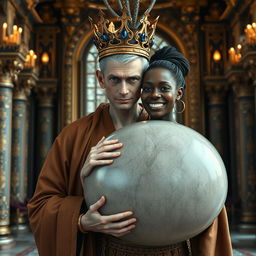 In a magnificent palace inspired by Norse mythology, a very short and emaciated 20-year-old blonde woman with extremely fair skin and captivating blue eyes stands out