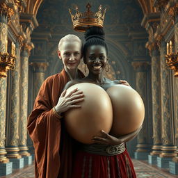 In a magnificent palace inspired by Norse mythology, a very short and emaciated 20-year-old blonde woman with extremely fair skin and captivating blue eyes stands out