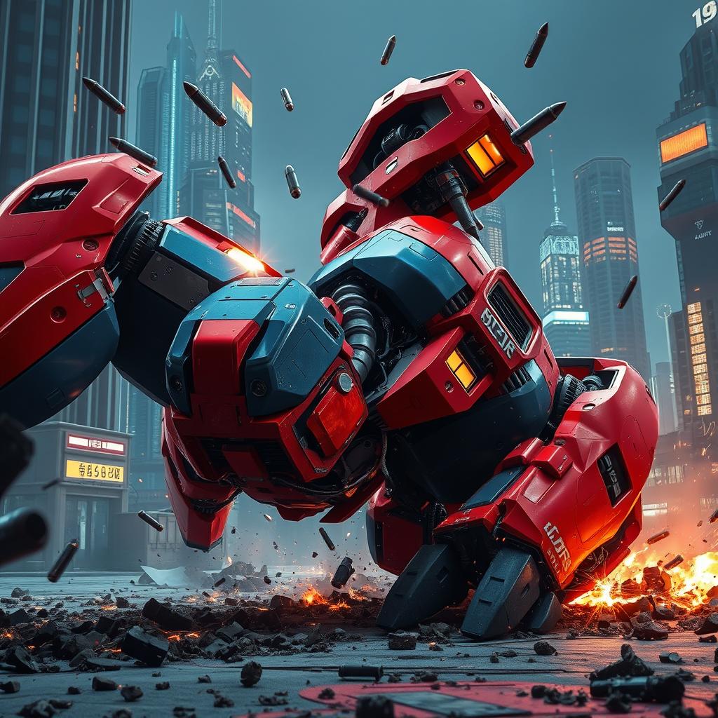 A large robot painted in vibrant red and blue colors, dramatically getting shot and falling to the ground