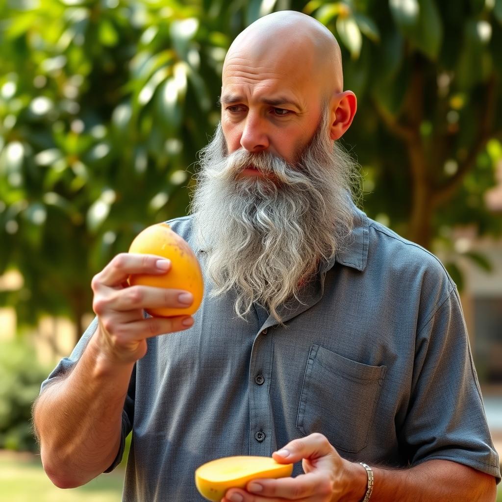 A bald man with a long beard is standing and peeling a mango