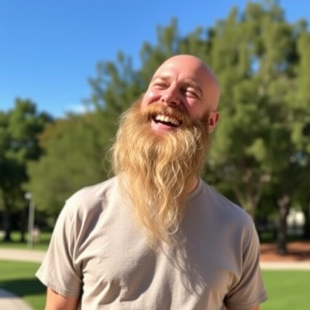 A bald man with a long beard standing and laughing joyfully