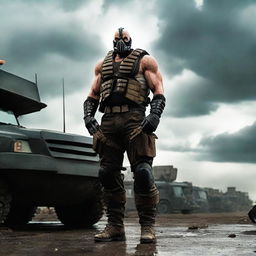 Bane, from the Dark Knight Rises movie, standing next to a menacing, armored vehicle under an overcast sky. He's wearing his signature mask and vest, ready to go mobile.