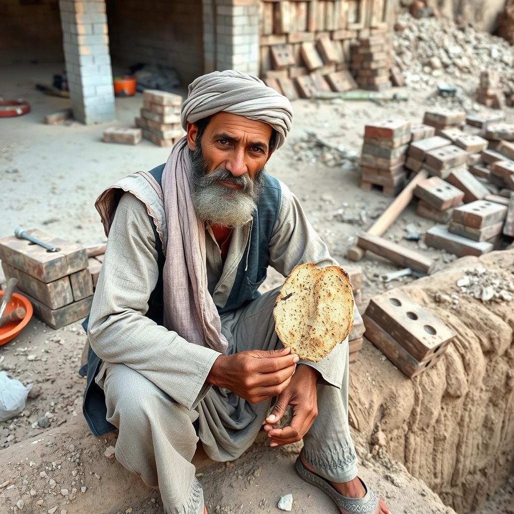 A hardworking Afghan laborer sitting on a construction site, wearing traditional Afghan attire, with a rugged appearance