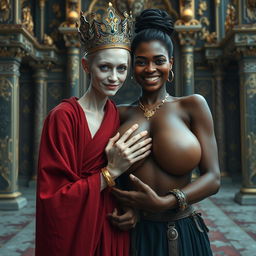 In an elaborate palace inspired by Norse mythology, features a very short and emaciated 20-year-old blonde woman with extremely fair skin and captivating blue eyes