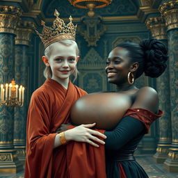 In an elaborate palace inspired by Norse mythology, features a very short and emaciated 20-year-old blonde woman with extremely fair skin and captivating blue eyes