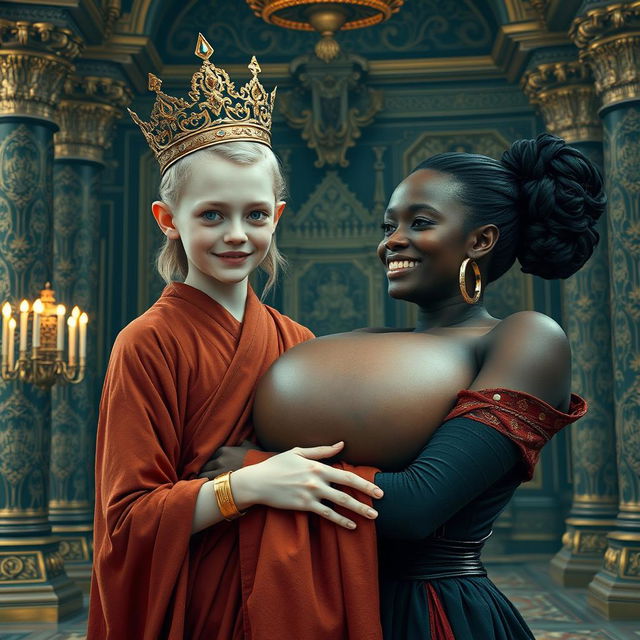 In an elaborate palace inspired by Norse mythology, features a very short and emaciated 20-year-old blonde woman with extremely fair skin and captivating blue eyes