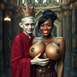 In an elaborate palace inspired by Norse mythology, features a very short and emaciated 20-year-old blonde woman with extremely fair skin and captivating blue eyes