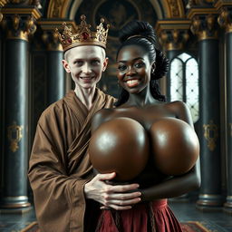 In an exquisite palace inspired by Norse mythology, a very short and emaciated 20-year-old blonde woman with extremely fair skin and captivating blue eyes is featured