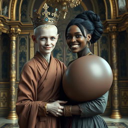 In an exquisite palace inspired by Norse mythology, a very short and emaciated 20-year-old blonde woman with extremely fair skin and captivating blue eyes is featured