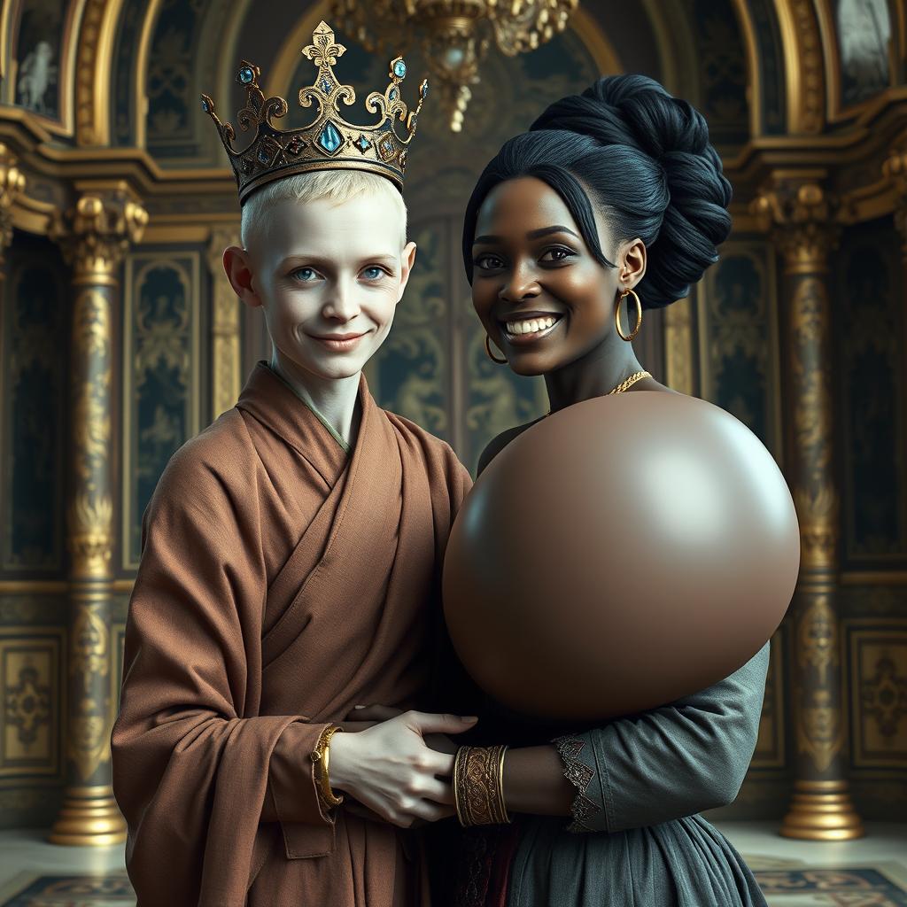 In an exquisite palace inspired by Norse mythology, a very short and emaciated 20-year-old blonde woman with extremely fair skin and captivating blue eyes is featured