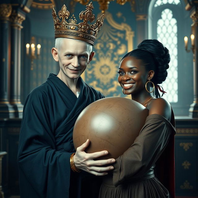 In an exquisite palace inspired by Norse mythology, a very short and emaciated 20-year-old blonde woman with extremely fair skin and captivating blue eyes is featured