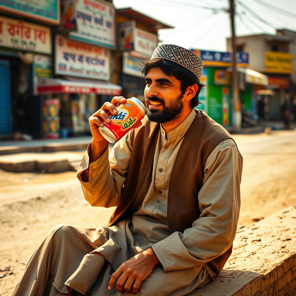 An Afghan worker sitting on a dusty roadside, enjoying a refreshing soda