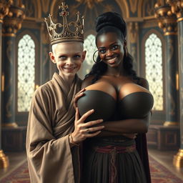 In a grand palace inspired by Norse mythology, features a very short and emaciated 20-year-old blonde woman with extremely fair skin and captivating blue eyes