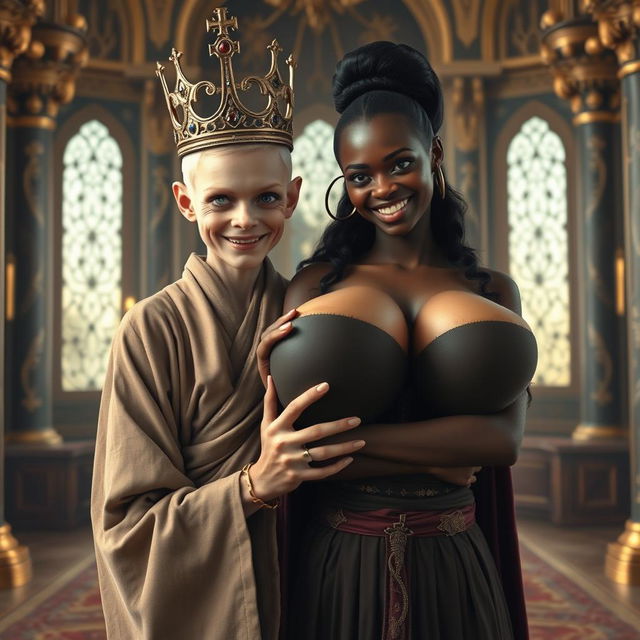 In a grand palace inspired by Norse mythology, features a very short and emaciated 20-year-old blonde woman with extremely fair skin and captivating blue eyes