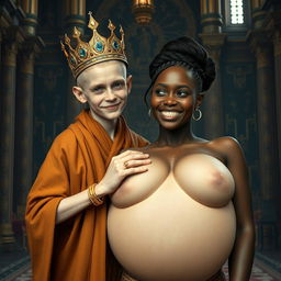 In a grand palace inspired by Norse mythology, features a very short and emaciated 20-year-old blonde woman with extremely fair skin and captivating blue eyes