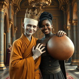 In a grand palace inspired by Norse mythology, features a very short and emaciated 20-year-old blonde woman with extremely fair skin and captivating blue eyes