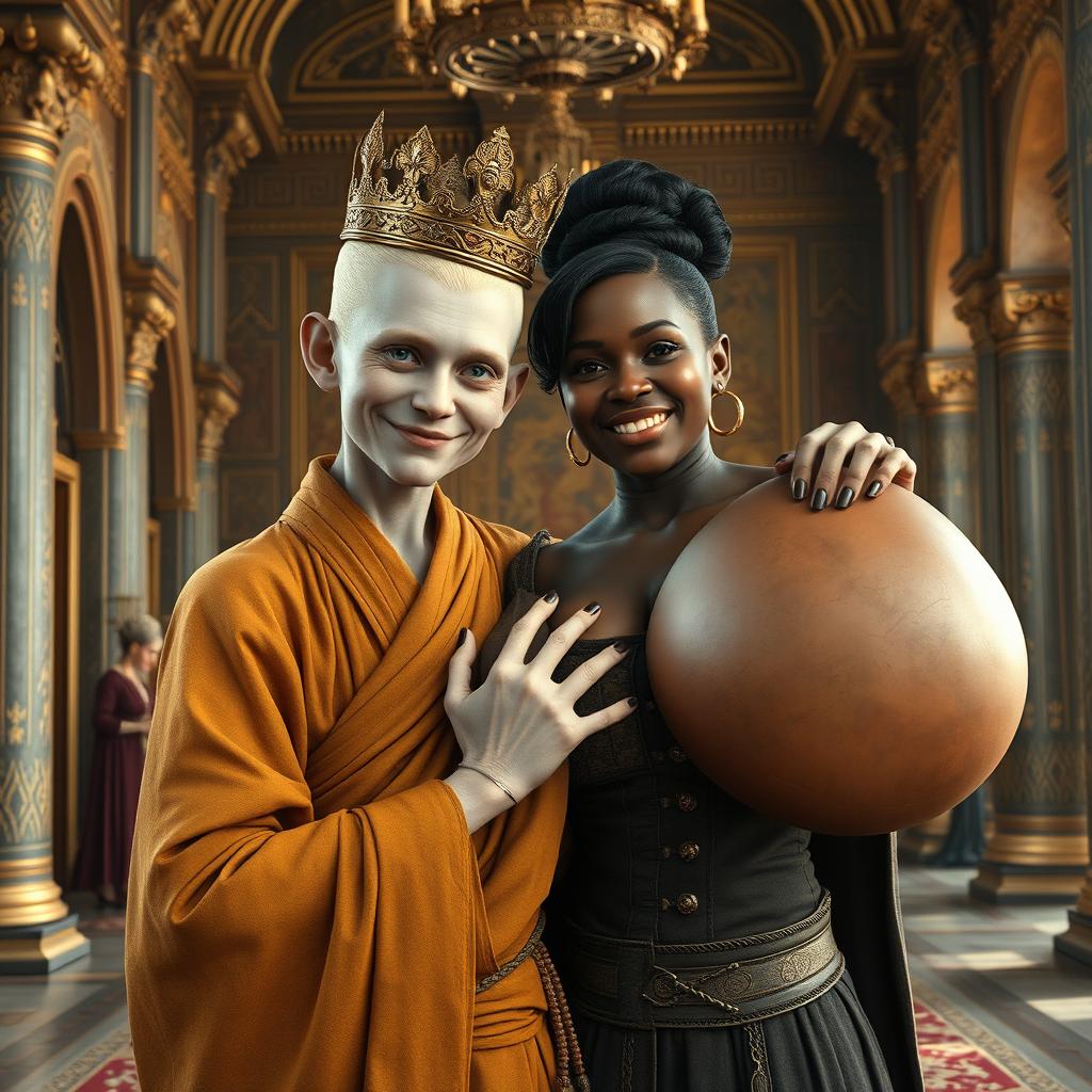 In a grand palace inspired by Norse mythology, features a very short and emaciated 20-year-old blonde woman with extremely fair skin and captivating blue eyes