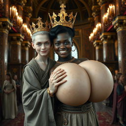 In a grand palace inspired by Norse mythology, features a very short and emaciated 20-year-old blonde woman with extremely fair skin and captivating blue eyes