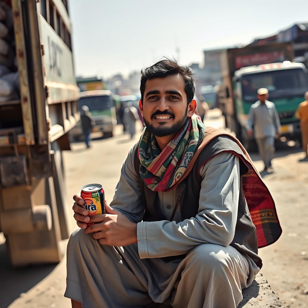 An Afghan worker taking a break after unloading a truck, sitting beside the truck with a relaxed expression, holding a refreshing soda can