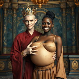 In an ornate palace inspired by Norse mythology, a very short and emaciated 20-year-old blonde woman with extremely fair skin and captivating blue eyes stands out