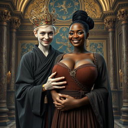 In an ornate palace inspired by Norse mythology, a very short and emaciated 20-year-old blonde woman with extremely fair skin and captivating blue eyes stands out