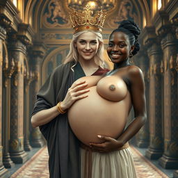 In an ornate palace inspired by Norse mythology, a very short and emaciated 20-year-old blonde woman with extremely fair skin and captivating blue eyes stands out