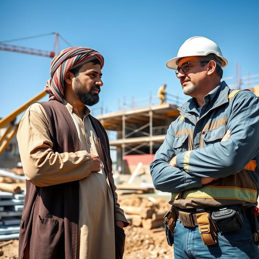 A focused Afghan worker engaging in conversation with a confident engineer on a construction site, showcasing the dynamics of teamwork
