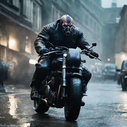 An intense scene featuring Bane from the Dark Knight Rises, dressed in his signature outfit, riding a powerful, black motorcycle down a rain-soaked, city street.