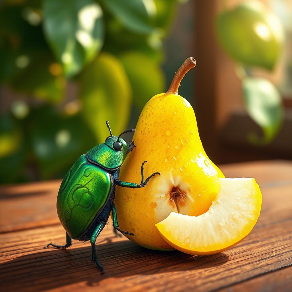 A whimsical scene depicting a colorful beetle enjoying a ripe pear