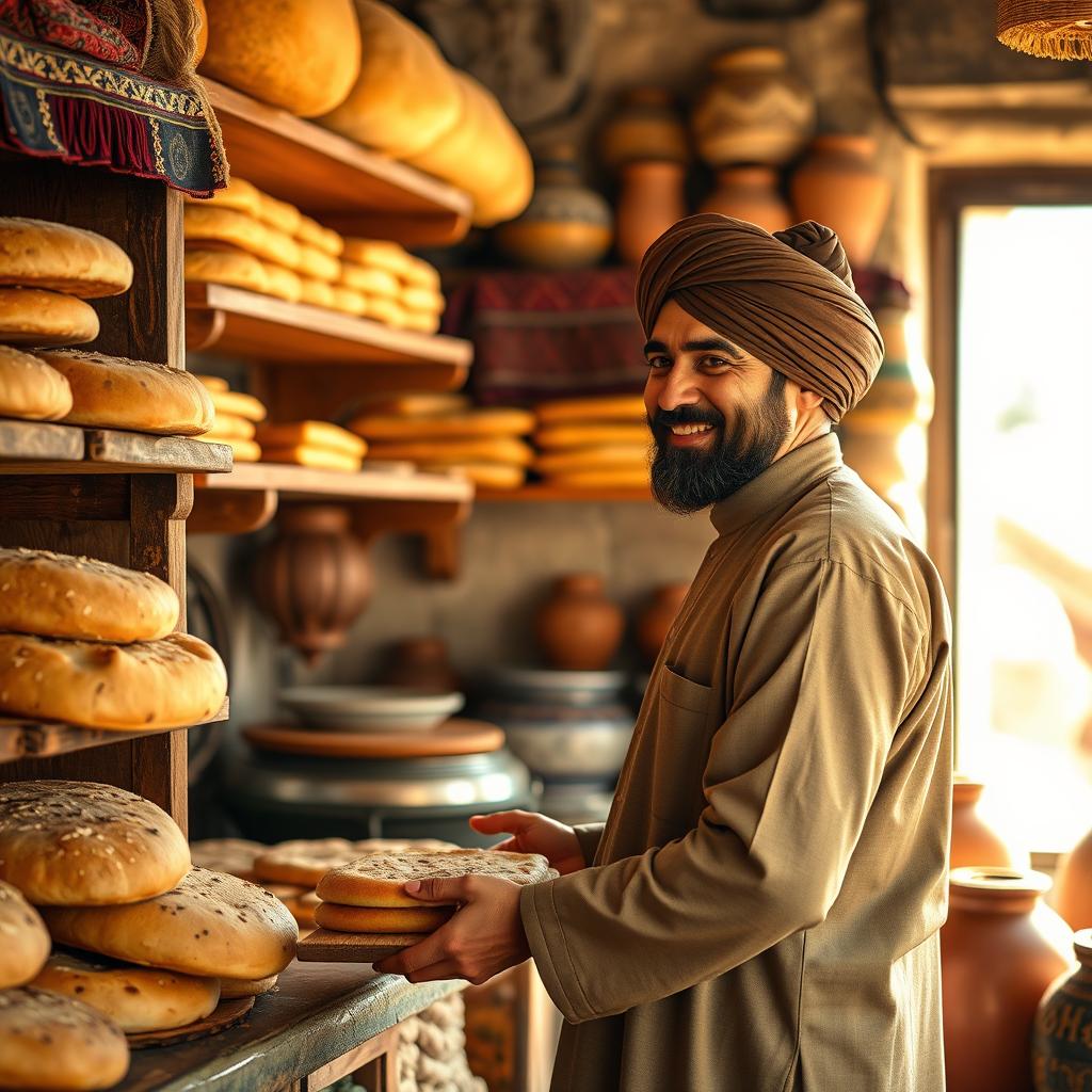 A scene depicting an Afghan man buying bread at a traditional bakery