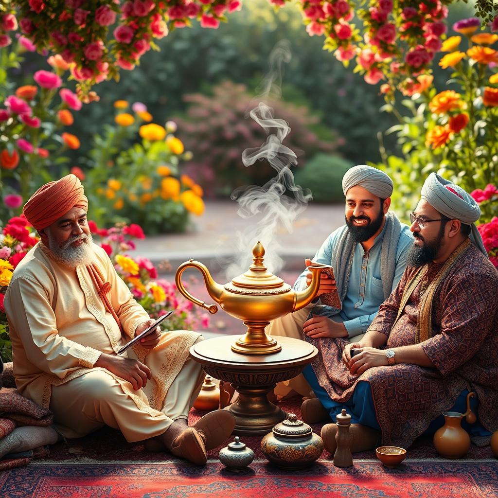 Three Afghan men in traditional attire, sitting around a magical lamp, eagerly sharing their wishes with a genie emerging from the lamp