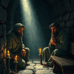 A dramatic scene depicting Paul and Silas in a dark, ancient prison, visibly chained and shackled to the stone walls