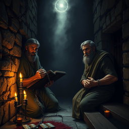 A dramatic scene depicting Paul and Silas in a dark, ancient prison, visibly chained and shackled to the stone walls