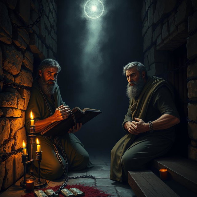 A dramatic scene depicting Paul and Silas in a dark, ancient prison, visibly chained and shackled to the stone walls
