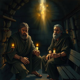 A dramatic scene depicting Paul and Silas in a dark, ancient prison, visibly chained and shackled to the stone walls