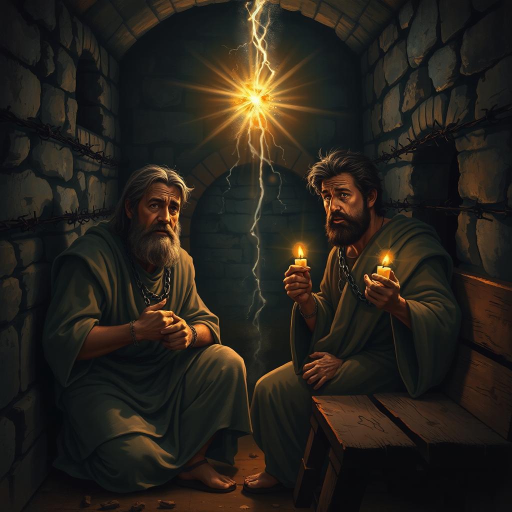 A dramatic scene depicting Paul and Silas in a dark, ancient prison, visibly chained and shackled to the stone walls