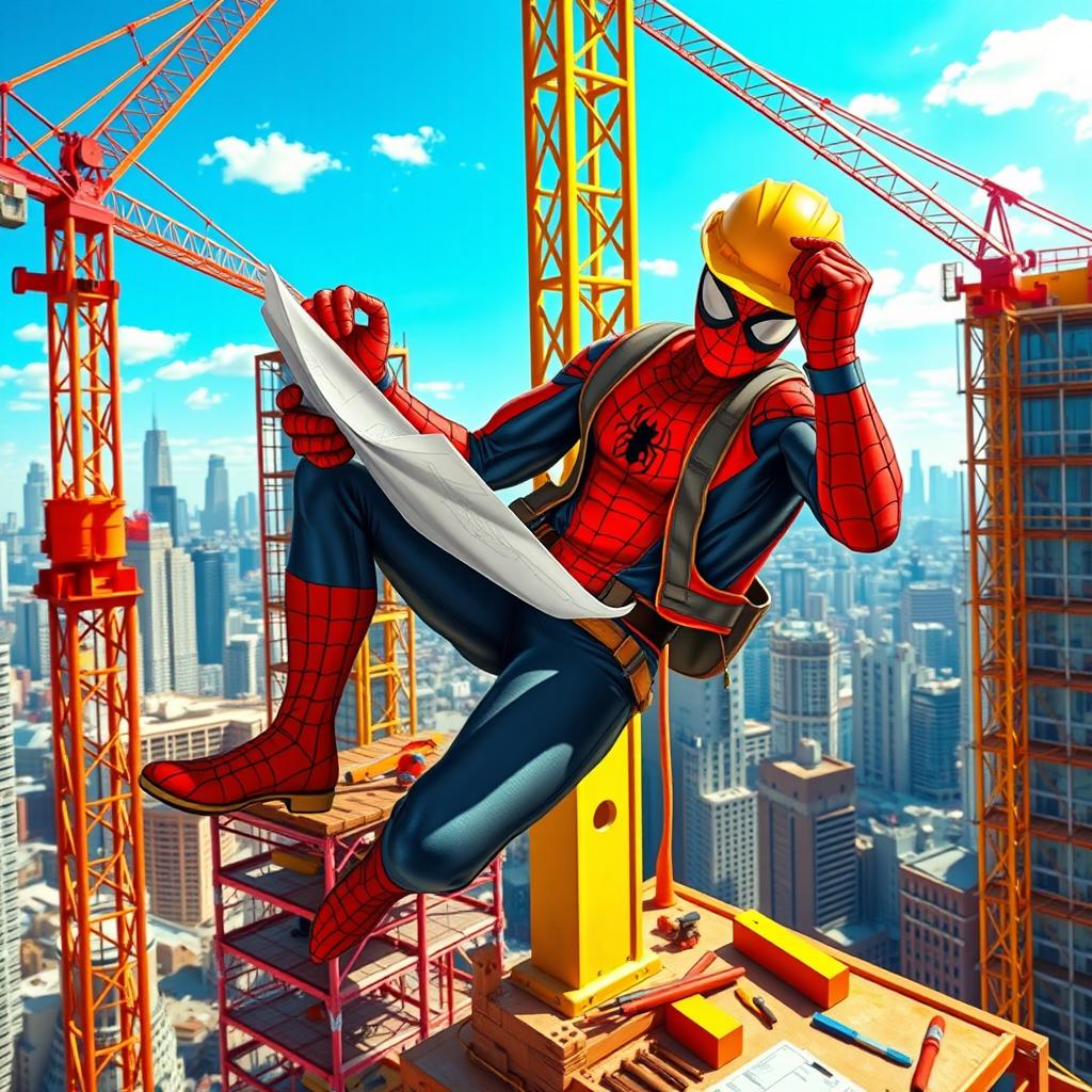 A superhero resembling Spider-Man, depicted as a construction worker, wearing a hard hat and safety vest, skillfully climbing a tall building under construction