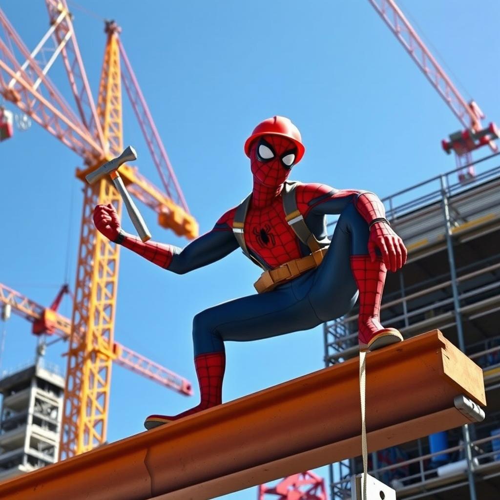 Spider-Man dressed in a construction worker outfit, actively engaged in building work at a busy construction site