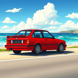 An anime movie style illustration of a bright red 1989 BMW E30 parked elegantly on the side of a picturesque road, with a beautiful beach in the backdrop