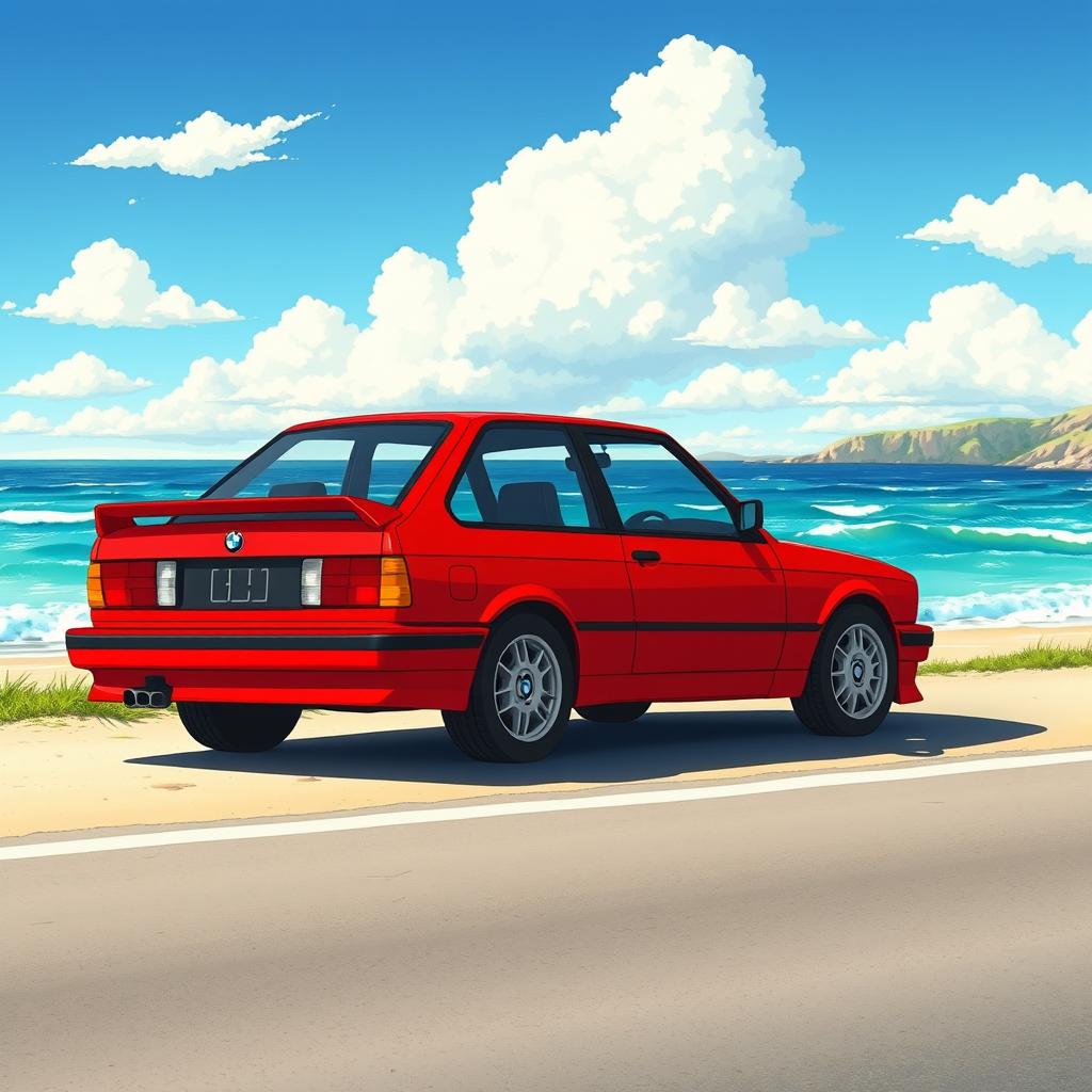 An anime movie style illustration of a bright red 1989 BMW E30 parked elegantly on the side of a picturesque road, with a beautiful beach in the backdrop